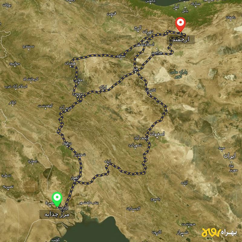 مسافت و فاصله ارجمند - تهران تا مرز چذابه - استان خوزستان از ۳ مسیر - آذر ۱۴۰۳