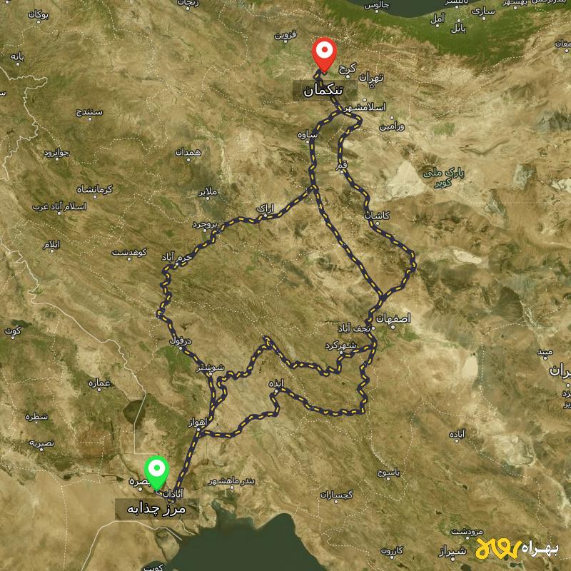 مسافت و فاصله تنکمان - البرز تا مرز چذابه - استان خوزستان از ۳ مسیر - اردیبهشت ۱۴۰۳