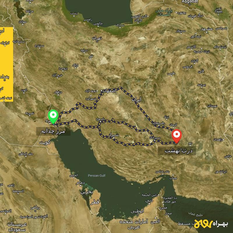 مسافت و فاصله درب بهشت - کرمان تا مرز چذابه - استان خوزستان از ۳ مسیر - اردیبهشت ۱۴۰۳