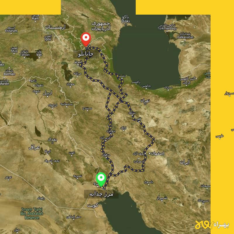 مسافت و فاصله جانانلو - آذربایجان شرقی تا مرز چذابه - استان خوزستان از ۳ مسیر - اردیبهشت ۱۴۰۳