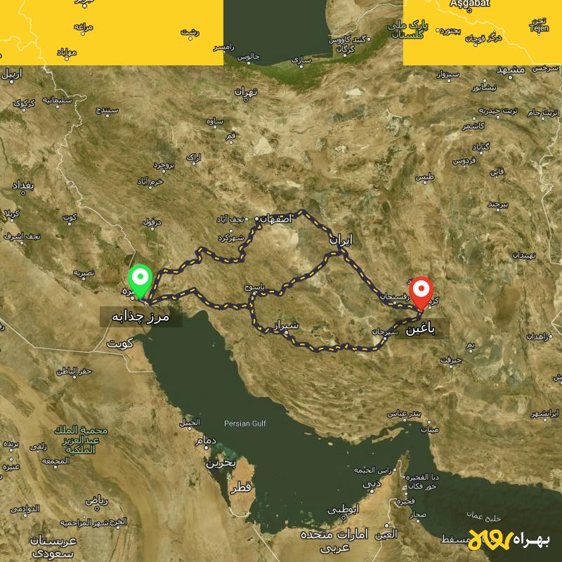 مسافت و فاصله باغین - کرمان تا مرز چذابه - استان خوزستان از ۳ مسیر - مرداد ۱۴۰۳