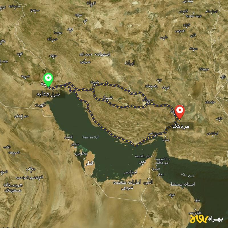 مسافت و فاصله مردهک - کرمان تا مرز چذابه - استان خوزستان از ۳ مسیر - اردیبهشت ۱۴۰۳
