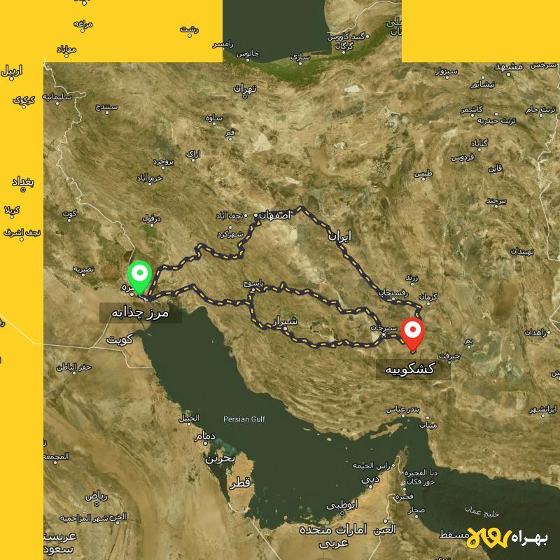 مسافت و فاصله کشکوییه - کرمان تا مرز چذابه - استان خوزستان از ۳ مسیر - اردیبهشت ۱۴۰۳