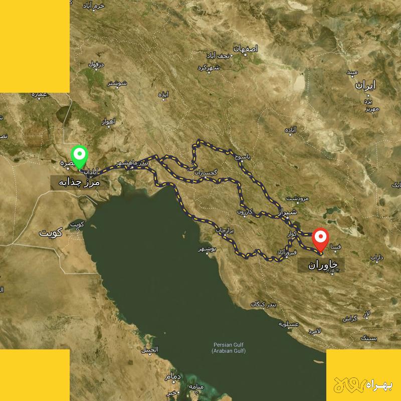 مسافت و فاصله خاوران - فارس تا مرز چذابه - استان خوزستان از ۳ مسیر - اردیبهشت ۱۴۰۳