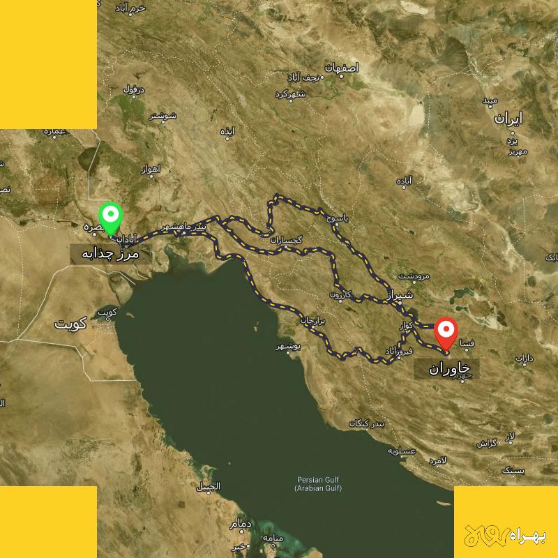 مسافت و فاصله خاوران - فارس تا مرز چذابه - استان خوزستان از ۳ مسیر - مهر ۱۴۰۳