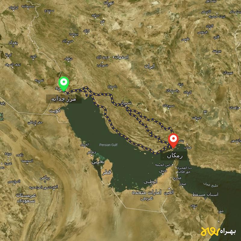 مسافت و فاصله رمکان - هرمزگان تا مرز چذابه - استان خوزستان از ۳ مسیر - اردیبهشت ۱۴۰۳