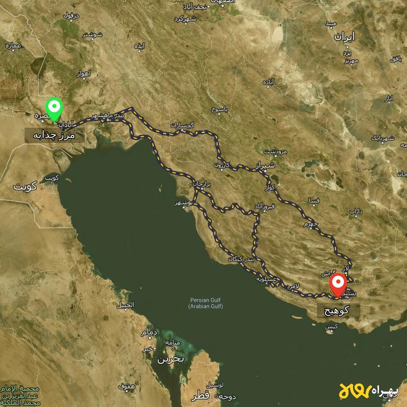 مسافت و فاصله کوهیج - هرمزگان تا مرز چذابه - استان خوزستان از ۳ مسیر - شهریور ۱۴۰۳