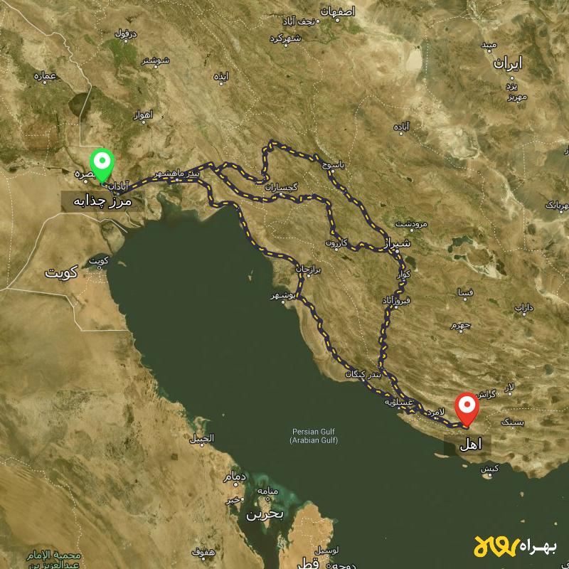 مسافت و فاصله اهل - فارس تا مرز چذابه - استان خوزستان از ۳ مسیر - اردیبهشت ۱۴۰۳