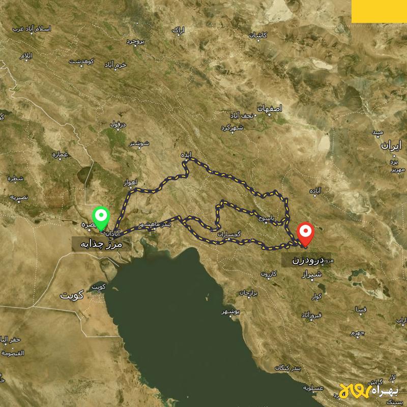 مسافت و فاصله درودزن - فارس تا مرز چذابه - استان خوزستان از ۳ مسیر - اردیبهشت ۱۴۰۳