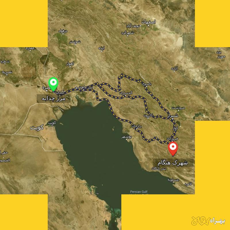 مسافت و فاصله شهرک هنگام - فارس تا مرز چذابه - استان خوزستان از ۳ مسیر - شهریور ۱۴۰۳