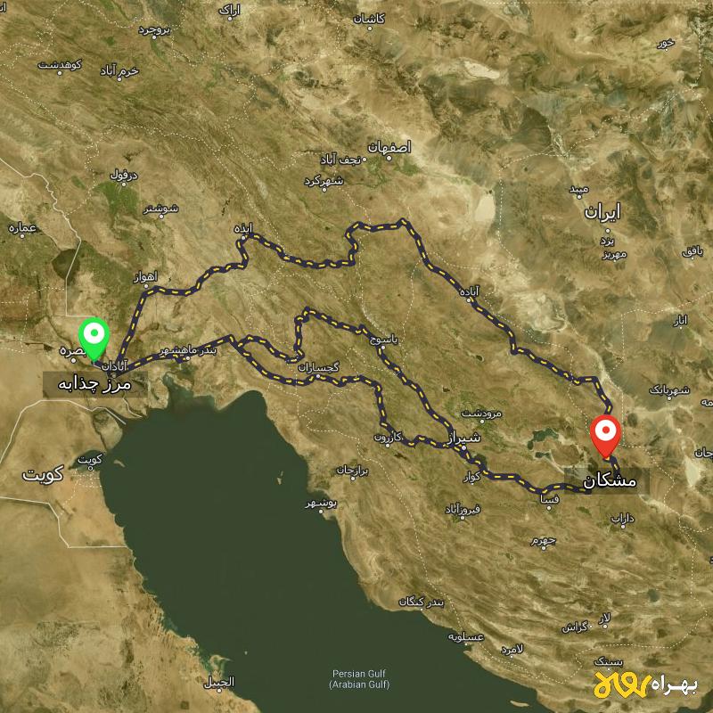 مسافت و فاصله مشکان - فارس تا مرز چذابه - استان خوزستان از ۳ مسیر - اردیبهشت ۱۴۰۳