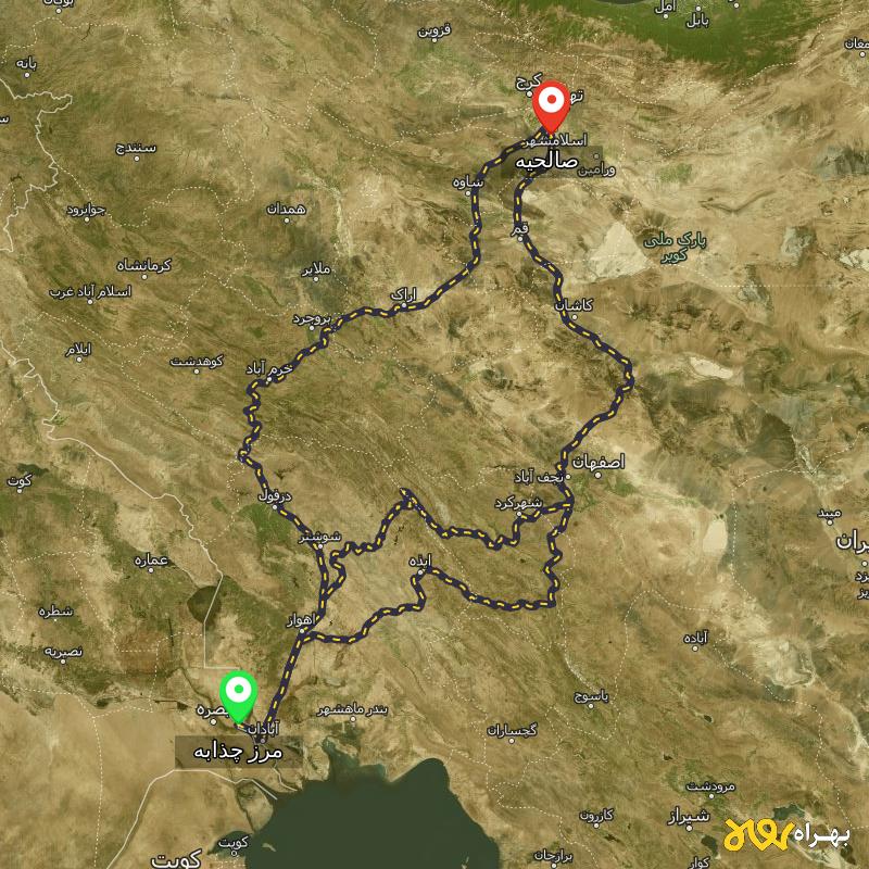 مسافت و فاصله صالحیه - تهران تا مرز چذابه - استان خوزستان از ۳ مسیر - شهریور ۱۴۰۳