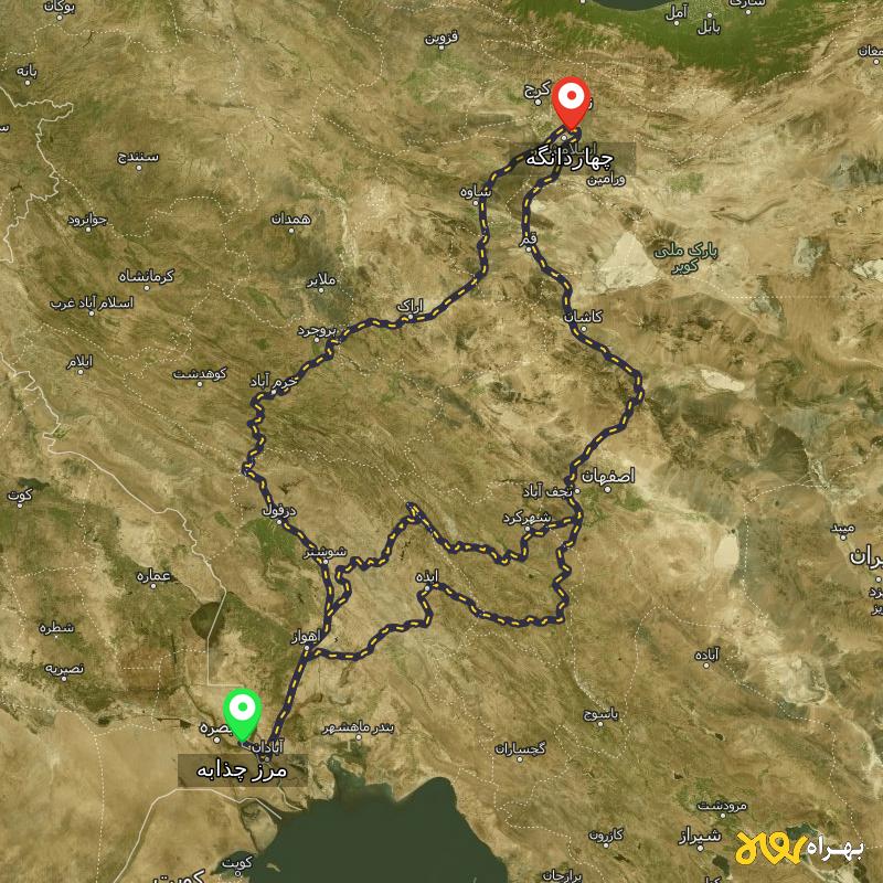 مسافت و فاصله چهاردانگه - تهران تا مرز چذابه - استان خوزستان از ۳ مسیر - شهریور ۱۴۰۳