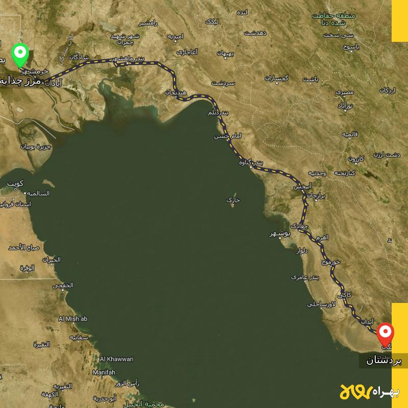 مسافت و فاصله بردستان - بوشهر تا مرز چذابه - استان خوزستان - اردیبهشت ۱۴۰۳
