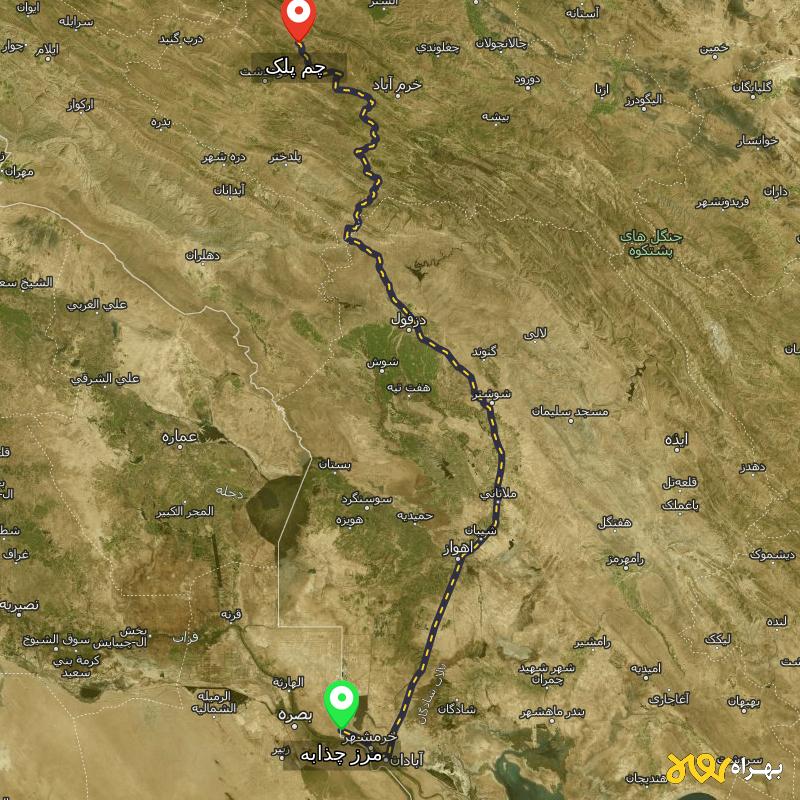 مسافت و فاصله چم پلک - لرستان تا مرز چذابه - استان خوزستان - مرداد ۱۴۰۳