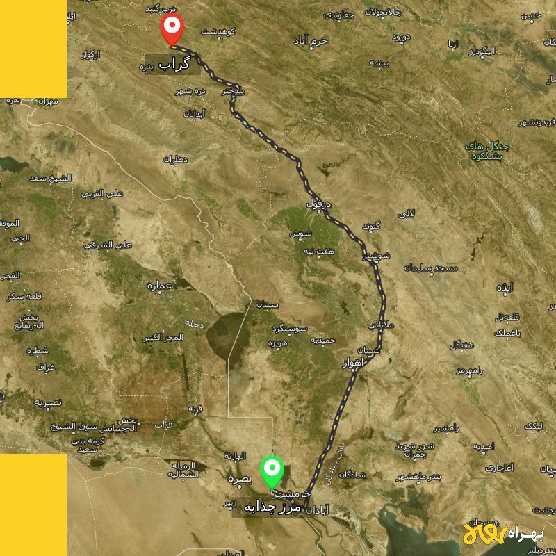 مسافت و فاصله گراب - لرستان تا مرز چذابه - استان خوزستان - مهر ۱۴۰۳