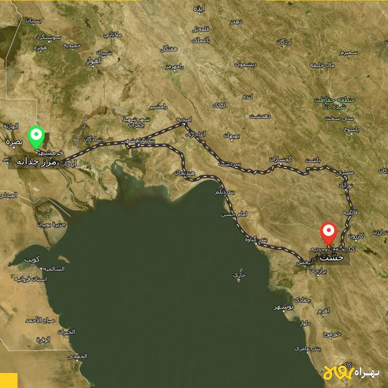 مسافت و فاصله خشت - فارس تا مرز چذابه - استان خوزستان از ۲ مسیر - اردیبهشت ۱۴۰۳