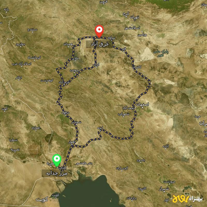 مسافت و فاصله غرق آباد - مرکزی تا مرز چذابه - استان خوزستان از ۳ مسیر - اردیبهشت ۱۴۰۳