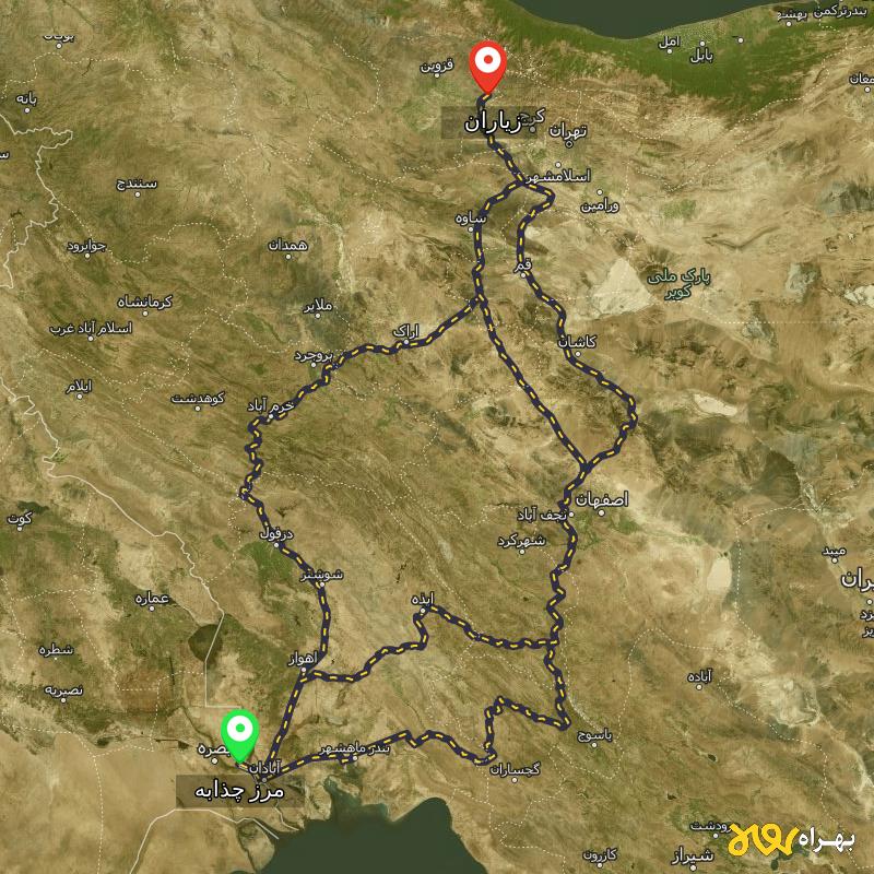 مسافت و فاصله زیاران - قزوین تا مرز چذابه - استان خوزستان از ۳ مسیر - اردیبهشت ۱۴۰۳