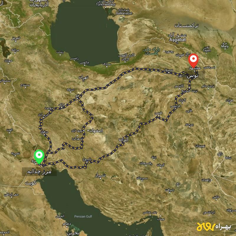 مسافت و فاصله توس - خراسان رضوی تا مرز چذابه - استان خوزستان از ۳ مسیر - اردیبهشت ۱۴۰۳