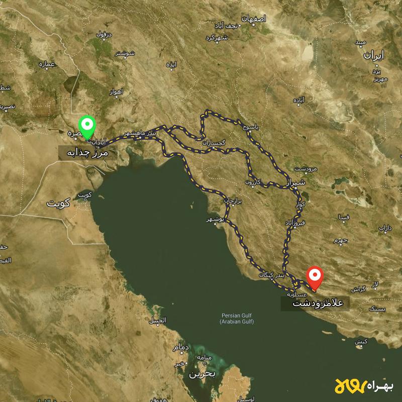 مسافت و فاصله علامرودشت - فارس تا مرز چذابه - استان خوزستان از ۳ مسیر - اردیبهشت ۱۴۰۳