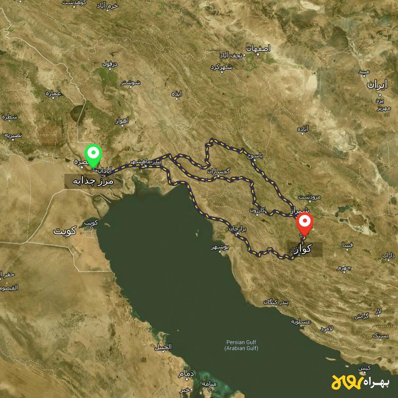 مسافت و فاصله کوار - فارس تا مرز چذابه - استان خوزستان از ۳ مسیر - اردیبهشت ۱۴۰۳