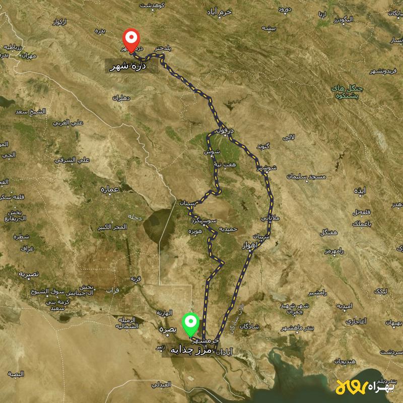 مسافت و فاصله دره‌ شهر - ایلام تا مرز چذابه - استان خوزستان از ۲ مسیر - اردیبهشت ۱۴۰۳