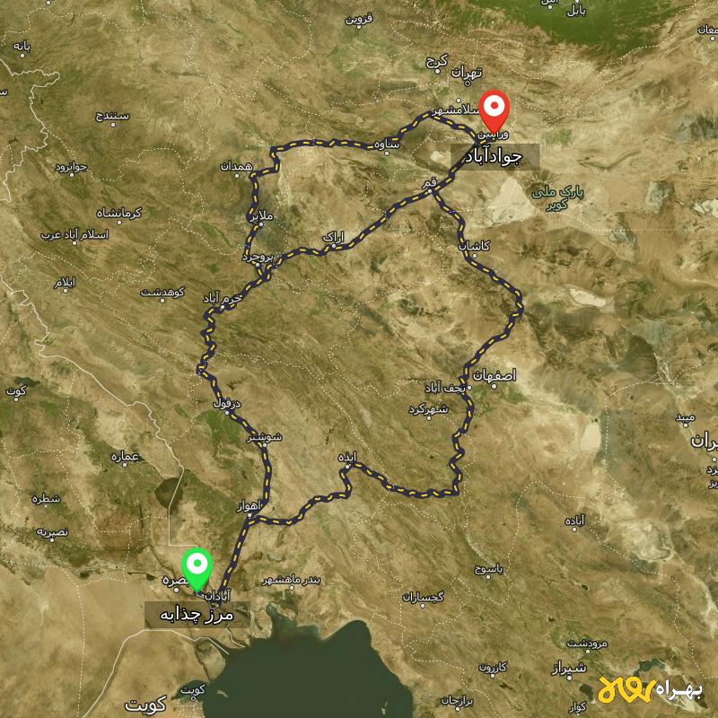 مسافت و فاصله جوادآباد - تهران تا مرز چذابه - استان خوزستان از ۳ مسیر - اردیبهشت ۱۴۰۳
