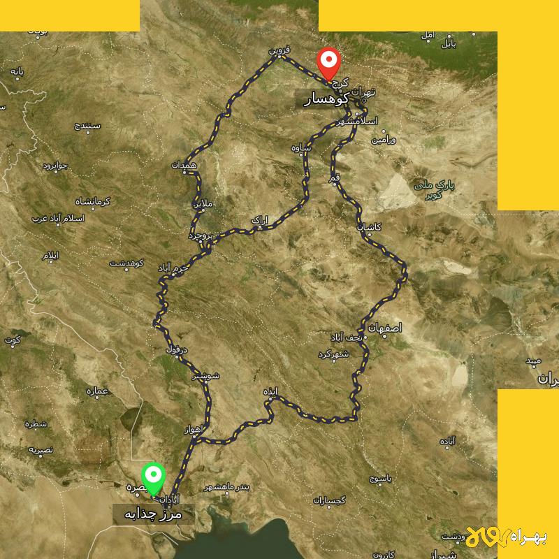 مسافت و فاصله کوهسار تا مرز چذابه - استان خوزستان از ۳ مسیر - اردیبهشت ۱۴۰۳