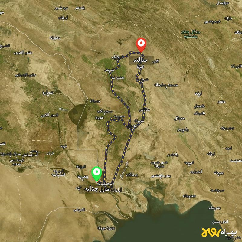 مسافت و فاصله سالند - خوزستان تا مرز چذابه - استان خوزستان از ۳ مسیر - دی ۱۴۰۳