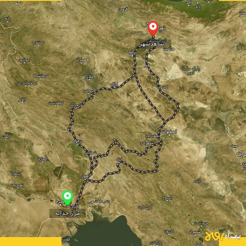 مسافت و فاصله شاهدشهر - تهران تا مرز چذابه - استان خوزستان از ۳ مسیر - اردیبهشت ۱۴۰۳