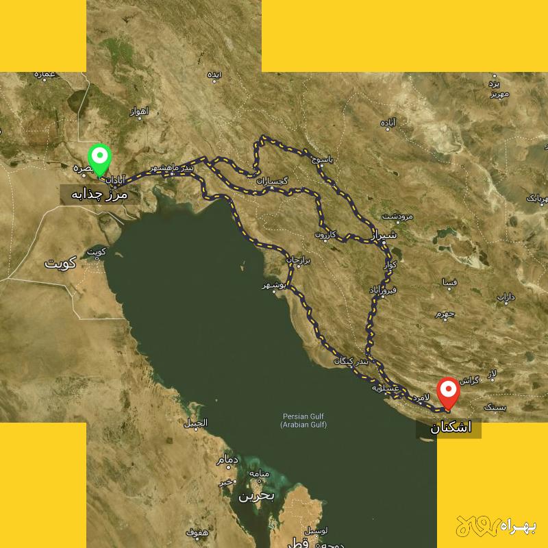 مسافت و فاصله اشکنان - فارس تا مرز چذابه - استان خوزستان از ۳ مسیر - اردیبهشت ۱۴۰۳