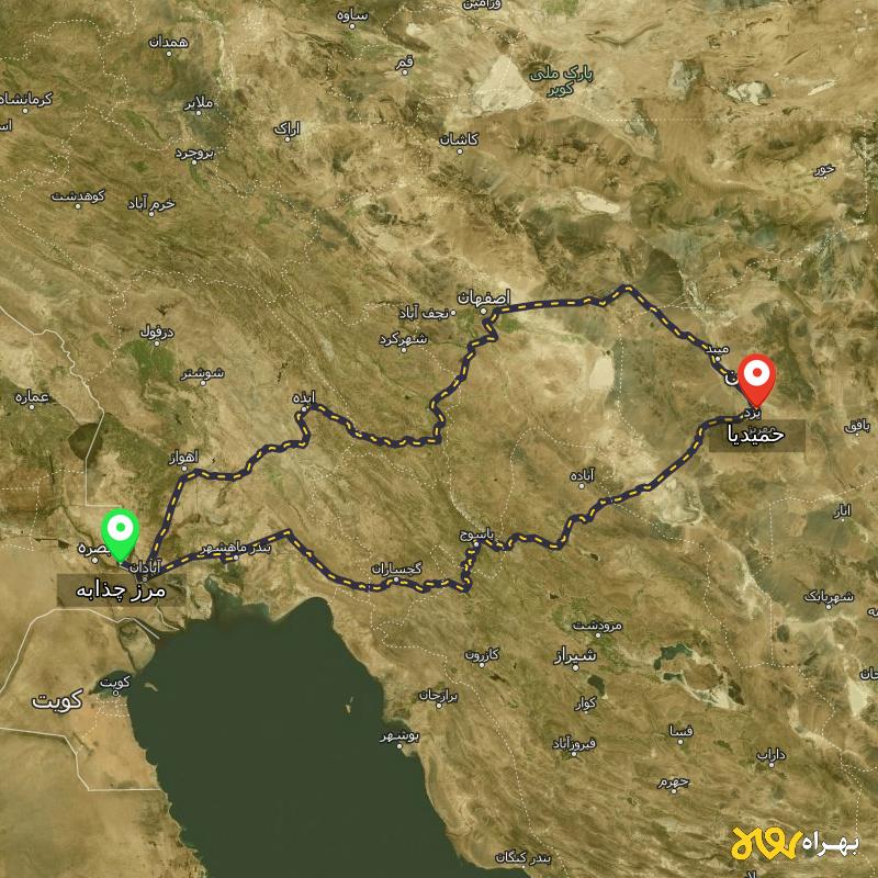مسافت و فاصله حمیدیا - یزد تا مرز چذابه - استان خوزستان از ۲ مسیر - اردیبهشت ۱۴۰۳