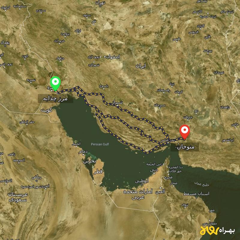مسافت و فاصله منوجان - کرمان تا مرز چذابه - استان خوزستان از ۳ مسیر - اردیبهشت ۱۴۰۳