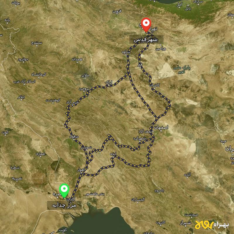 مسافت و فاصله شهرقدس تا مرز چذابه - استان خوزستان از ۳ مسیر - اردیبهشت ۱۴۰۳