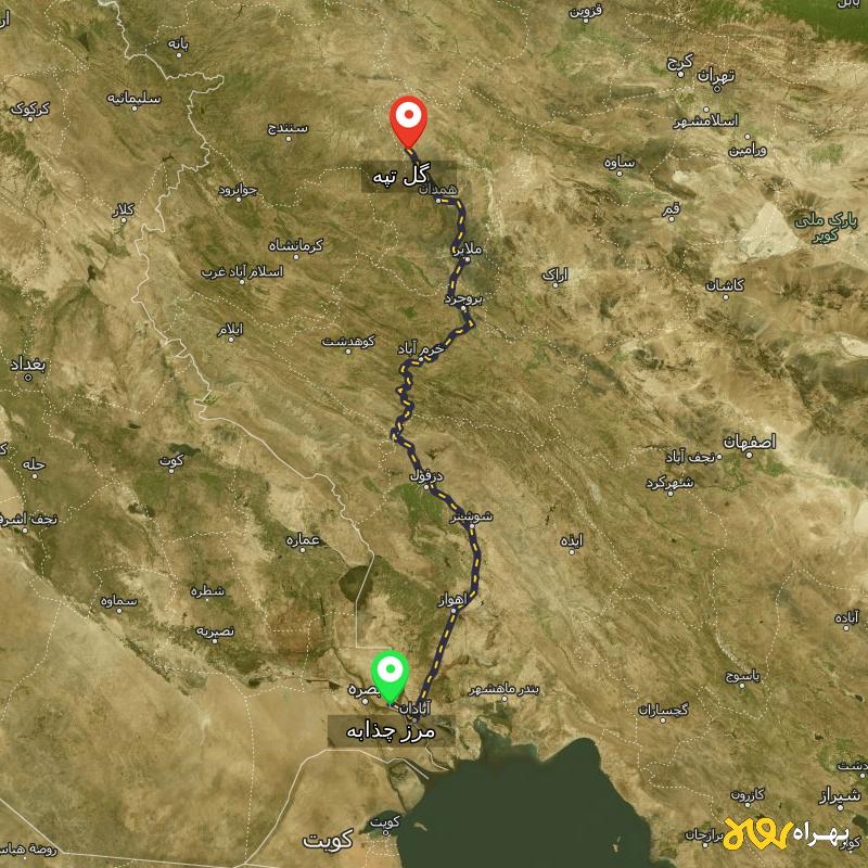 مسافت و فاصله گل تپه - همدان تا مرز چذابه - استان خوزستان - اردیبهشت ۱۴۰۳
