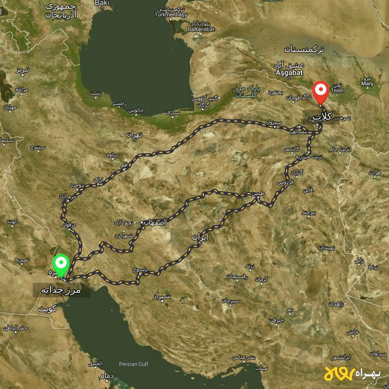 مسافت و فاصله کلات - خراسان رضوی تا مرز چذابه - استان خوزستان از ۳ مسیر - شهریور ۱۴۰۳