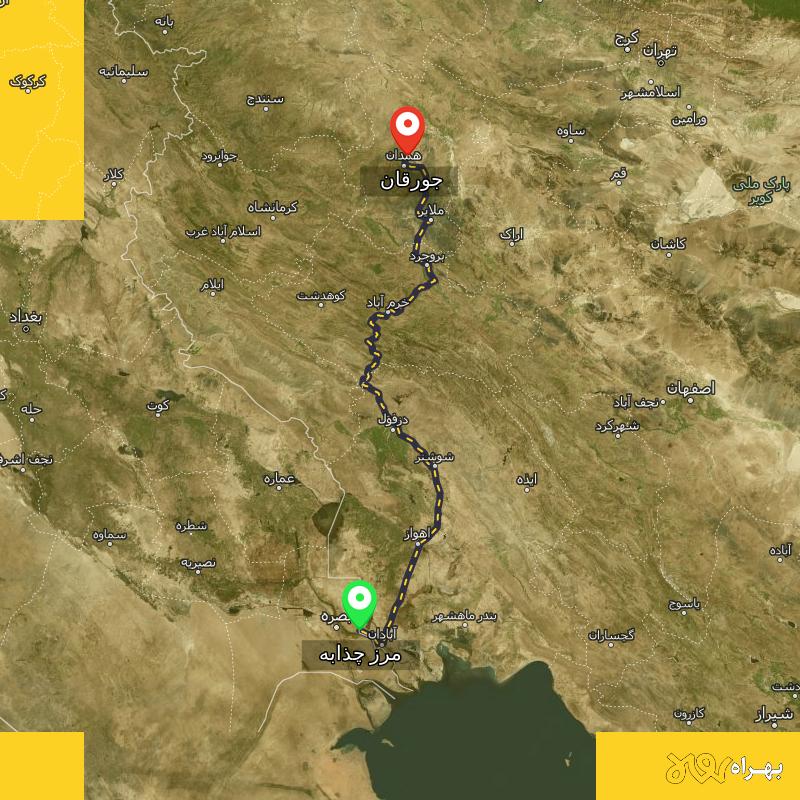 مسافت و فاصله جورقان - همدان تا مرز چذابه - استان خوزستان - اردیبهشت ۱۴۰۳