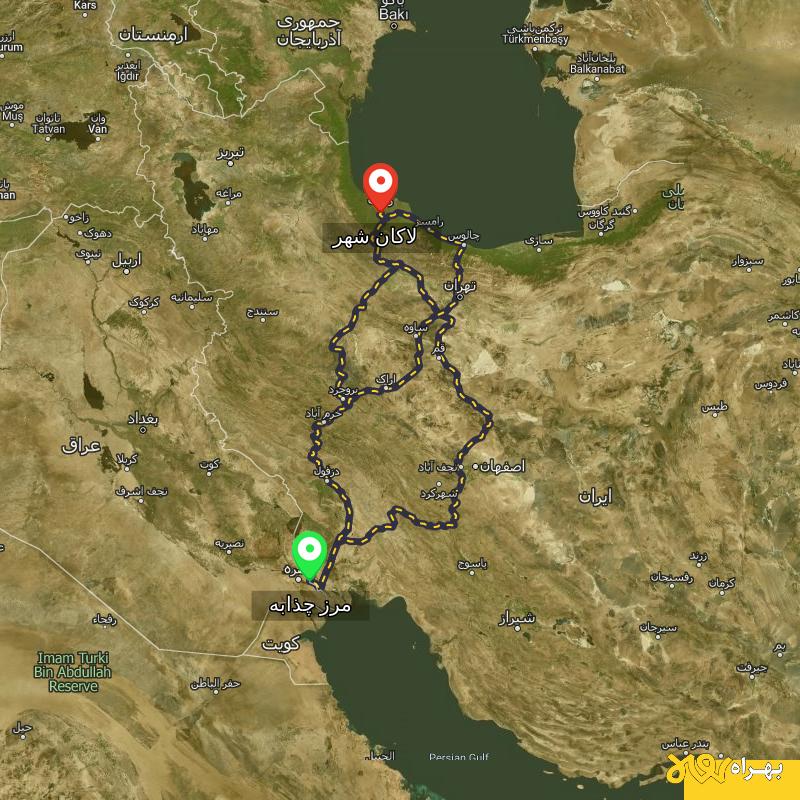 مسافت و فاصله لاکان شهر - گیلان تا مرز چذابه - استان خوزستان از ۳ مسیر - اردیبهشت ۱۴۰۳