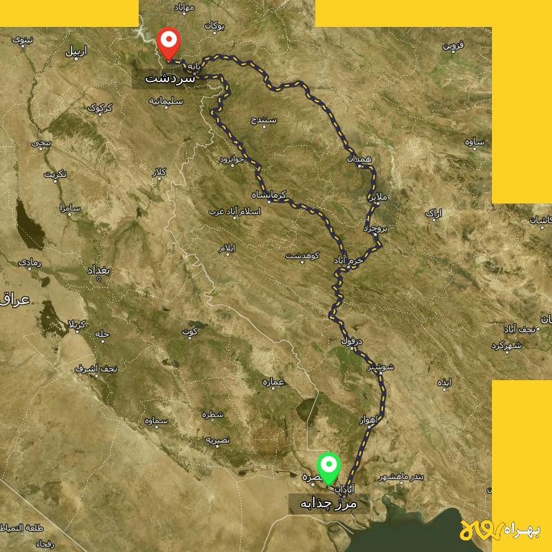 مسافت و فاصله سردشت - آذربایجان غربی تا مرز چذابه - استان خوزستان از ۲ مسیر - اردیبهشت ۱۴۰۳