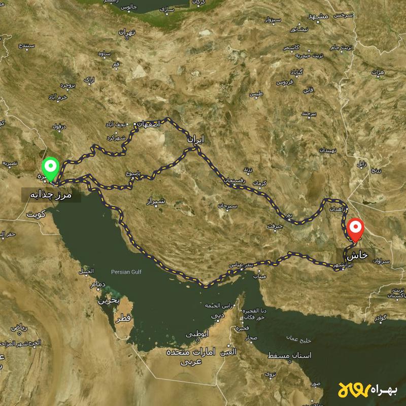 مسافت و فاصله خاش - سیستان و بلوچستان تا مرز چذابه - استان خوزستان از ۳ مسیر - شهریور ۱۴۰۳