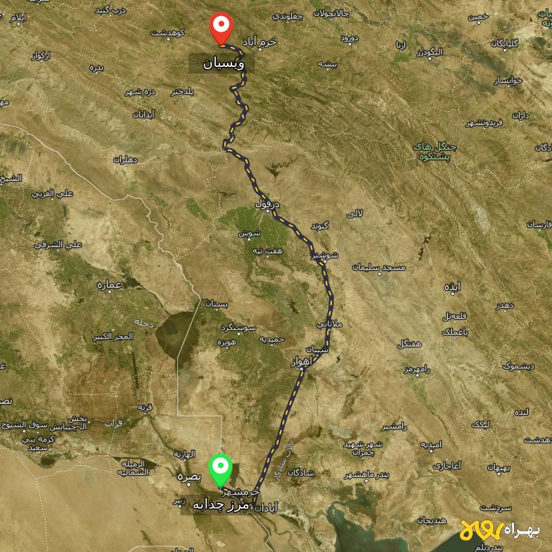 مسافت و فاصله ویسیان - لرستان تا مرز چذابه - استان خوزستان - اردیبهشت ۱۴۰۳