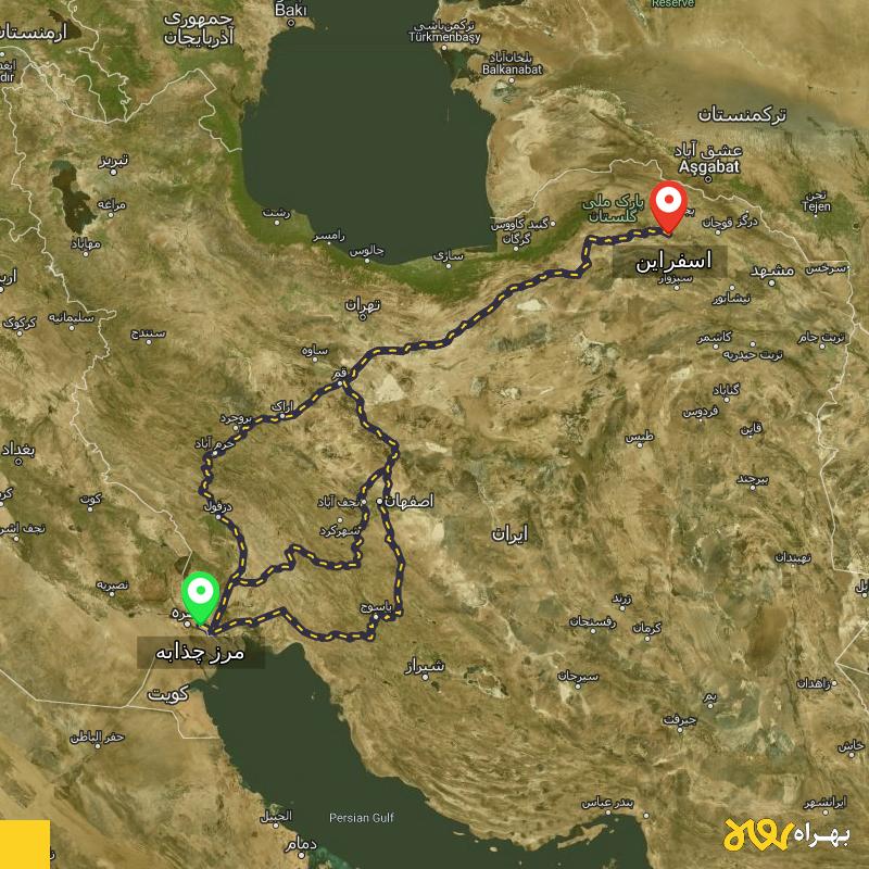 مسافت و فاصله اسفراین - خراسان شمالی تا مرز چذابه - استان خوزستان از ۳ مسیر - اردیبهشت ۱۴۰۳