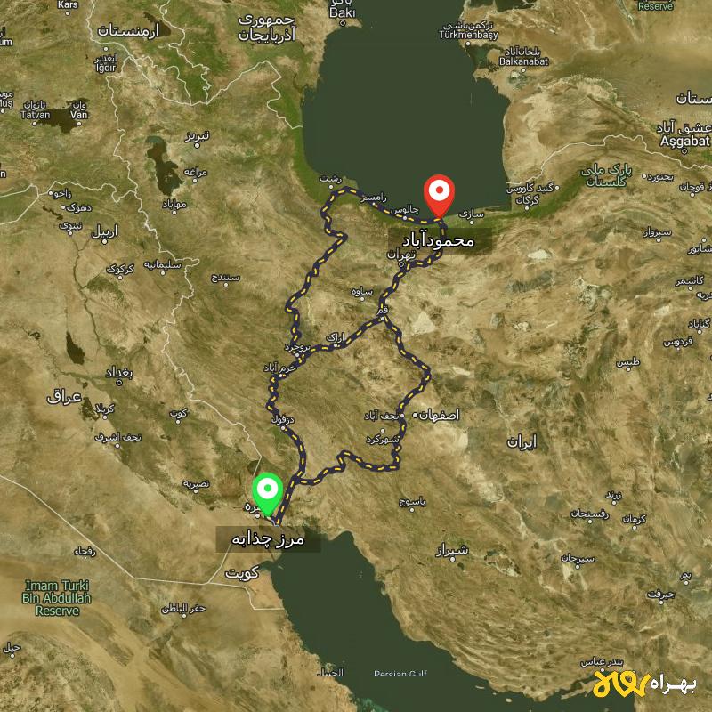 مسافت و فاصله محمودآباد - مازندران تا مرز چذابه - استان خوزستان از ۳ مسیر - اردیبهشت ۱۴۰۳