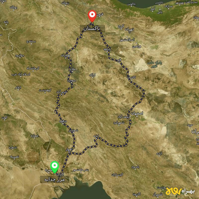 مسافت و فاصله تاکستان - قزوین تا مرز چذابه - استان خوزستان از ۲ مسیر - اردیبهشت ۱۴۰۳