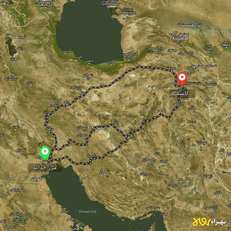 مسافت و فاصله کاشمر - خراسان رضوی تا مرز چذابه - استان خوزستان از ۳ مسیر - مرداد ۱۴۰۳