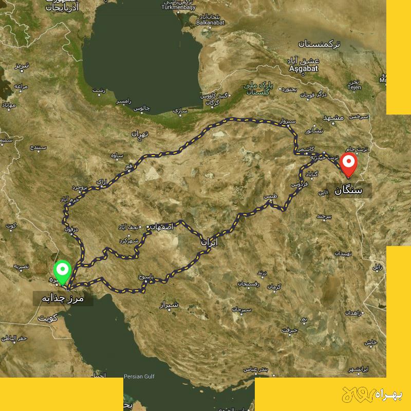 مسافت و فاصله سنگان - خراسان رضوی تا مرز چذابه - استان خوزستان از ۳ مسیر - اردیبهشت ۱۴۰۳