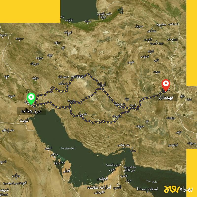 مسافت و فاصله نهبندان - خراسان جنوبی تا مرز چذابه - استان خوزستان از ۳ مسیر - اردیبهشت ۱۴۰۳