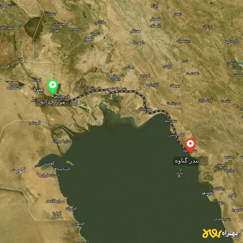 مسافت و فاصله بندر گناوه - بوشهر تا مرز چذابه - استان خوزستان - اردیبهشت ۱۴۰۳