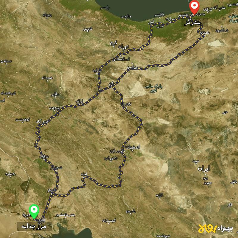 مسافت و فاصله بندرگز - بندر گز تا مرز چذابه - استان خوزستان از ۳ مسیر - اردیبهشت ۱۴۰۳